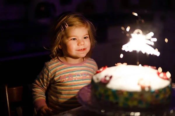Adorable Little Toddler Girl Celebrating Second Birthday Baby Child Eating — Stock Photo, Image