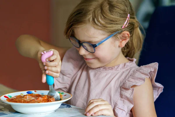 Little Preschool Girl Eating Spoon Vegetable Potato Soup Healthy Food — Stock Photo, Image