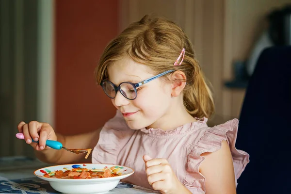 Little Preschool Girl Eating Spoon Vegetable Potato Soup Healthy Food — стоковое фото