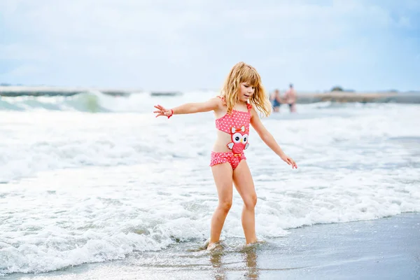 Happy Child Little Preschool Girl Swimmsuit Running Jumping Waves Summer — Stock Photo, Image