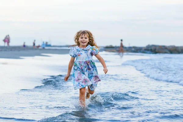 Happy Child Little Preschool Girl Dress Running Jumping Waves Summer — Stock Photo, Image