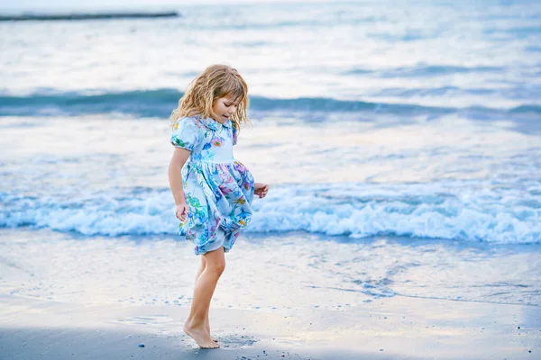 Happy Child Little Preschool Girl Dress Running Jumping Waves Summer — Stock Photo, Image