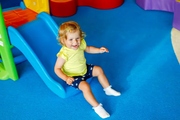 Happy Blond Little Toddler Girl Having Fun Sliding Indoor Playground — Stock Photo, Image