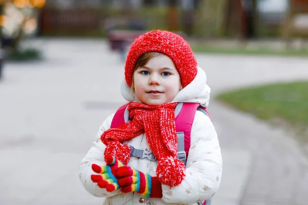 Funny Portrait Little Preschool Girl Winter Clothes Happy Positive Child — Stock Photo, Image
