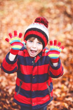 Sonbahar yaprakları arka planında renkli giysileri olan mutlu küçük çocuk portresi. Sonbahar ormanlarında ya da parkta eğlenen komik çocuk. Gülümseyen çocuk moda ve renkli eldivenler