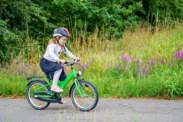Little Preschool Girl Riding Bike Kid Bicycle Outdoors Happy Child — Stock Photo, Image
