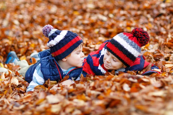 Two Little Twin Boys Lying Autumn Leaves Colorful Clothing Happy — Stock Photo, Image