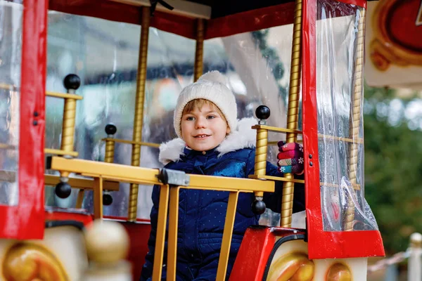 Happy Cute Preschool Girl Riding Ferris Wheel Carousel Horse Christmas — Stock Photo, Image