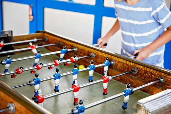 Close Kid Boy Playing Table Soccer Happy Excited Child Having — Stock Photo, Image