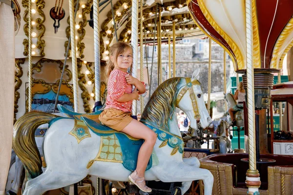 Happy Positive Preschool Girl Having Ride Old Vintage Merry City — Stock Photo, Image