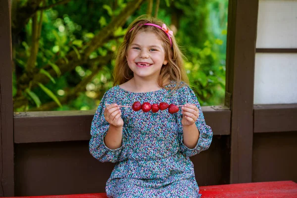 Kleines Mädchen Das Köstliche Erdbeeren Spieß Isst Und Die Einfachen — Stockfoto