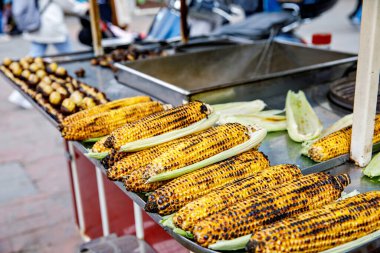 İstanbul, Türkiye 'de bir sokak satıcısı kömür ızgarasında mısır kızartıyor. Popüler bir Türk sokak yemeği olan Misir, koçanında tuz ve baharatla haşlanmış veya ızgara tatlı mısır serpiştiriyor.