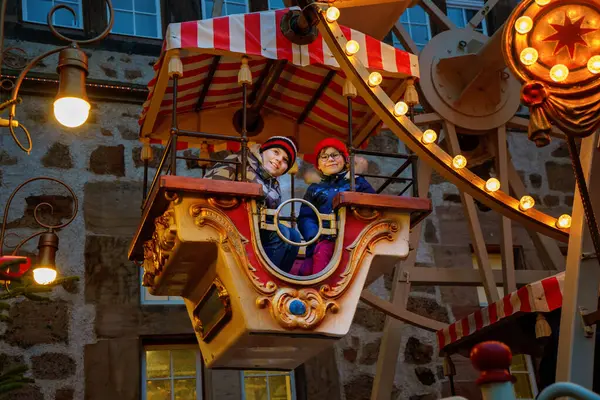 Little Preschool Girl School Boy Riding Ferris Wheel Carousel Horse — Stock Photo, Image