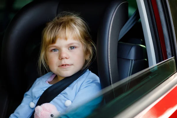 Sad Upset Little Kid Girl Sitting Car Traffic Jam Going — Stock Photo, Image