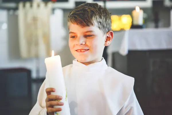 Little Kid Boy Receiving His First Holy Communion Happy Child — Stock Photo, Image