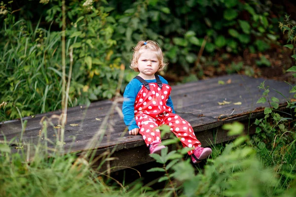 Menina Adorável Bonito Criança Sentada Ponte Madeira Jogando Pequenas Pedras — Fotografia de Stock