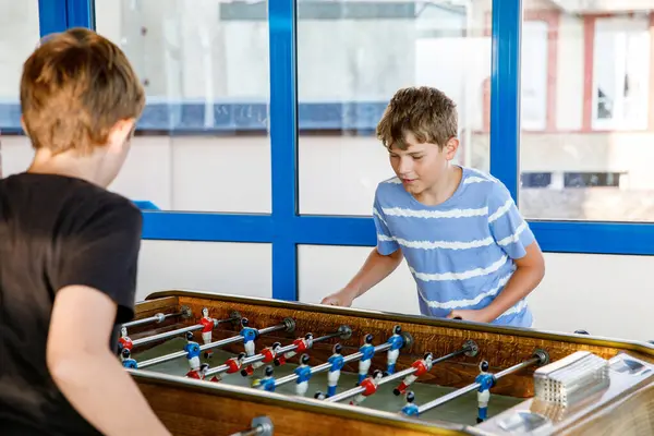 Two Smiling School Boys Playing Table Soccer Happy Excited Children — Stock Photo, Image