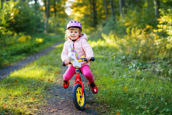 Child Riding Balance Bike Kids Bicycle Sunny Forest Little Girl — Stock Photo, Image