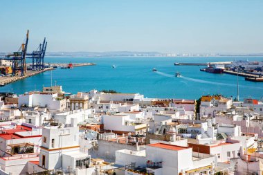 Öğleden sonra eski şehir çatılarının ve Santa Cruz Katedrali 'nin havadan panoramik manzarası Cadiz, Endülüs, İspanya' daki Tavira kulesinden.