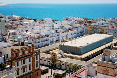 Öğleden sonra eski şehir çatılarının ve Santa Cruz Katedrali 'nin havadan panoramik manzarası Cadiz, Endülüs, İspanya' daki Tavira kulesinden.