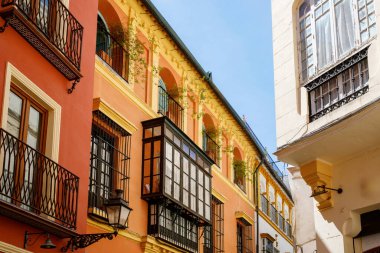 İspanya, Seville 'deki eski şehir merkezinin kapısı olan dekoratif balkonlar ve pencereler..