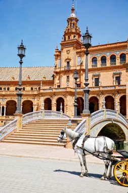 Sevilla, Endülüs, İspanya 'daki Plaza de Espana' nın panoramik manzarası.