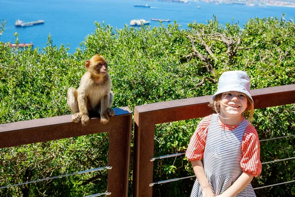 Portrét Dívky Která Pozoruje Opici Gibraltaru Divočině Slunečného Dne Šťastné — Stock fotografie