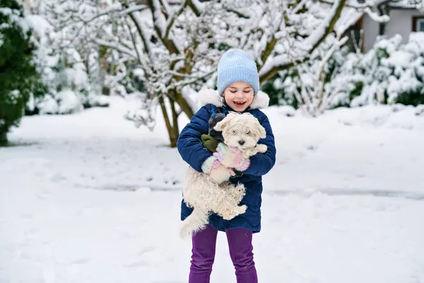 Little School Girl Playing Little Maltese Puppy Outdoors Winter Happy — Stock Photo, Image