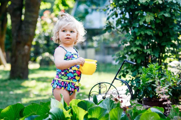 Roztomilá Malá Holčička Barevné Plavky Zalévání Rostlin Rozkvetlé Květiny Domácí — Stock fotografie