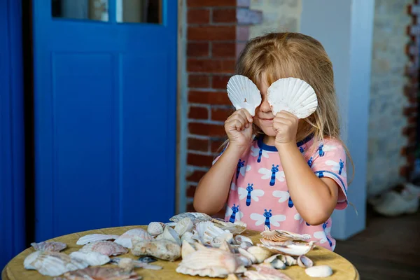 Pequena Menina Pré Escolar Com Variação Diferentes Conchas Amêijoas Casa — Fotografia de Stock