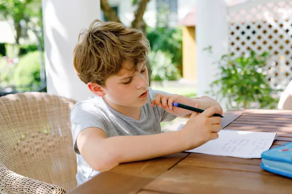 Hard Working Sad School Kid Boy Making Homework Quarantine Time — Stock Photo, Image
