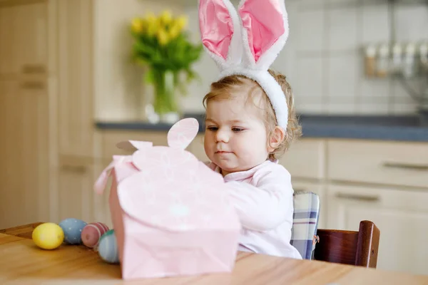 Cute Little Toddler Girl Wearing Easter Bunny Ears Playing Colored — Stock Photo, Image