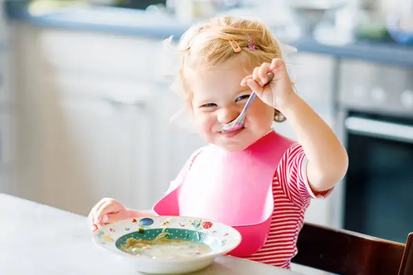 Adorable Baby Girl Eating Spoon Vegetable Noodle Soup Healthy Food — Stock Photo, Image