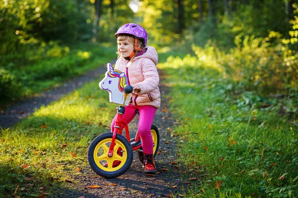 Child Riding Balance Bike Kids Bicycle Sunny Forest Little Girl — Stock Photo, Image