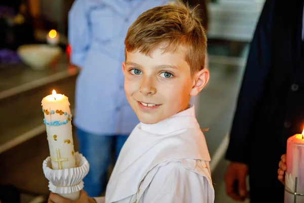 Little Kid Boy Receiving His First Holy Communion Happy Child — Stock Photo, Image