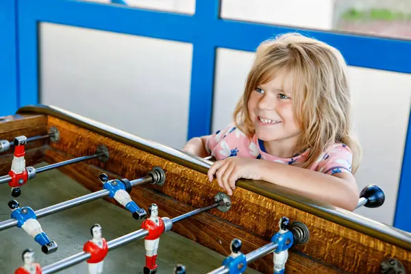 Little Preschool Girl Playing Table Soccer Happy Excited Positive Child — Stock Photo, Image