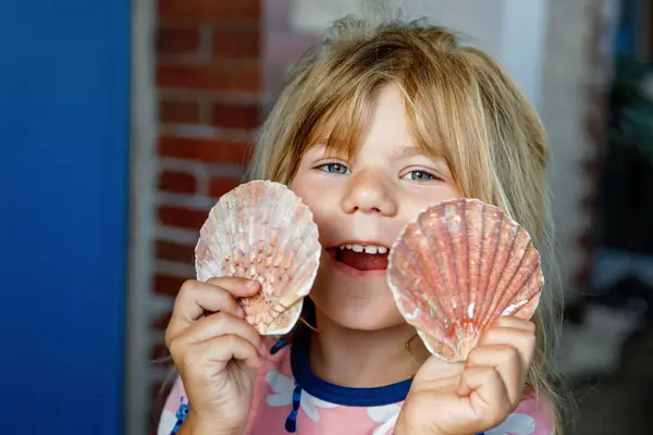 Little Preschool Girl Variation Different Shells Clams Home Happy Child — Stock Photo, Image