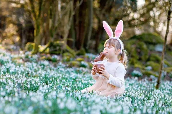 晴れた日に春の森の中でチョコレートフィギュアを食べてイースターバニーの耳を持つ幸せな女の子 たくさんの雪の花を持つかわいい子供 キリスト教の休日の概念 — ストック写真