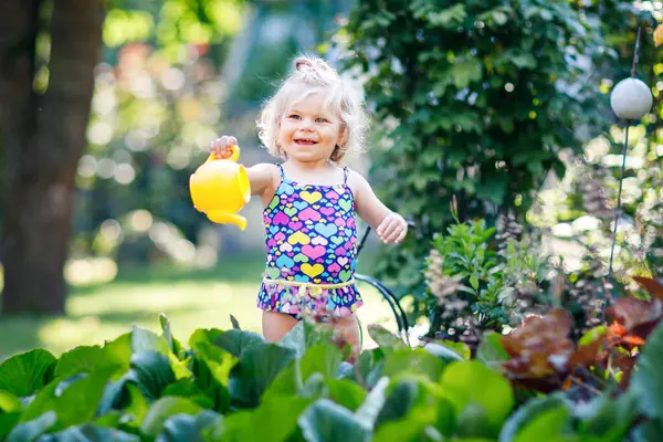 Милая Маленькая Девочка Красочных Купальниках Поливает Растения Цветет Цветы Домашнем — стоковое фото