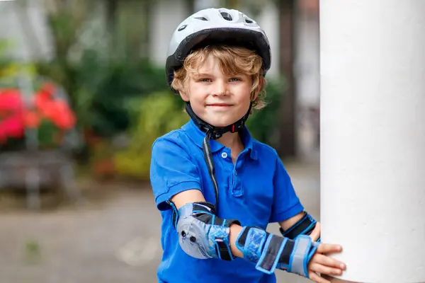 Portrait Little School Kid Boy Safety Protection Clothes Scating Rollers — Stock Photo, Image