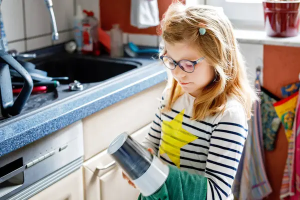 Little Girl Wiping Plate Towel Kitchen Drying Dishes Child Helping — Stock Photo, Image