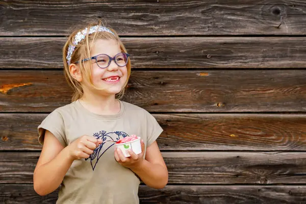 Little Adorable Preschool Girl Eyeglasses Eating Berry Watermelon Ice Cream — Stock Photo, Image
