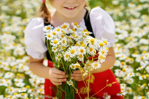Closeup of little preschool girl in daisy flower field. Cute happy child in red riding hood dress play outdoor on blossom flowering meadow with daisies. Leisure activity in nature with children
