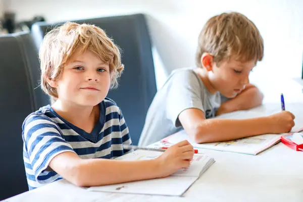 2人の少年が一緒に宿題をする 兄弟姉妹 双子が自宅で学んでいる 小学生 子供が書いている ストック写真
