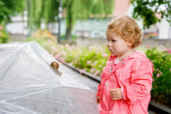 一个可爱可爱的小女孩发现蜗牛在散步 美丽的卷曲的小孩在雨天玩得开心 带大雨伞 穿防水衣服的孩子 免版税图库照片