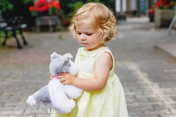 Little Toddler Girl Playing Soft Toy Dog Cute Baby Child Stock Image