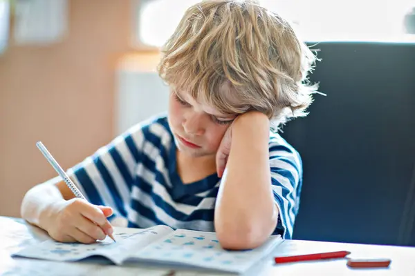 Portrait Tired Upset Boy Doing Homework Kitchen Home Elementary School Stock Picture