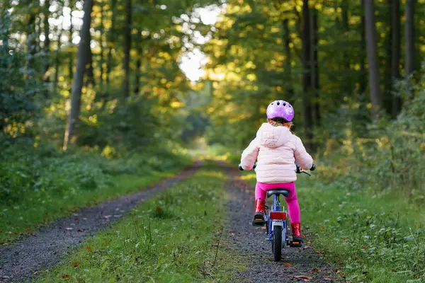 Cute Little Przedszkola Dziewczyna Kasku Bezpieczeństwa Jazdy Rowerze Chłopiec Szkoły Obrazek Stockowy