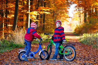 İki küçük çocuk çocuklar, Bisikletleri ile sonbahar ormandaki en iyi arkadaş. Etkin kardeş, çocuk bisiklet ile. Renkli moda erkek birlikte eğleniyor, gülen ve gülümseyen güneşli günde giyim sonbahar