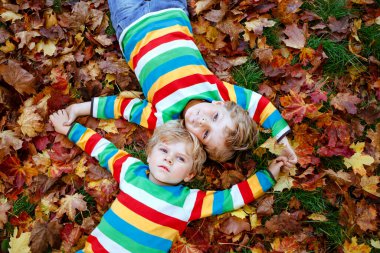 Sonbaharda Yatan İki Küçük İkiz Çocuk Renkli Moda Giysileri Giyiyor. Mutlu Kardeşler, sıcak bir günde Sonbahar Parkı 'nda eğleniyor. Akçaağaç yaprağının ortasında sarı saçlı sağlıklı çocuklar..